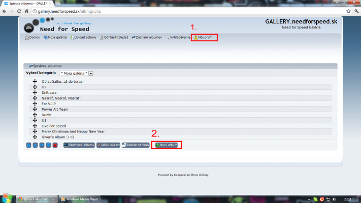 Krok 3. 
- 1. Kliknete na môj profil tam sa vám zobrazí­ [b]Vytvoriť / organizovať moje albumy[/b] 

- 2. Kliknete na [b] Nový album[/b]  

- Album sa vám vytvorí­ a kliknete na [b]Upload súboru[/b]

Keywords: Pomoc