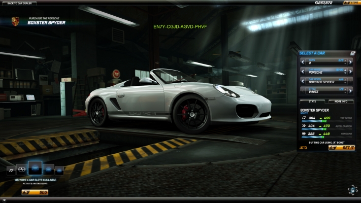 Porsche Boxter Spider
Porsche zadarmo staci sa len prihlasit na offi web NFS worldu prihlasit sa zadat kod EN7Y-CGJD-AGVD-PHVF a mate zadarmo nastalo tento kabrio , neni zli slusne jazdi
Song : [url=http://www.youtube.com/watch?v=MTlv7cZWjjs] Love in motion[/url]
