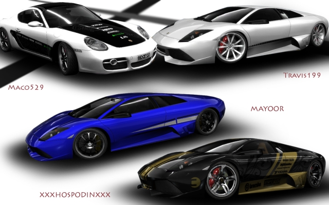 four battle
no spominany Exotics duel bolo na vyber porsche cayman a lamborghini mucielago ako sami vidite tak kazdy okrem mna ma Lambo
      hlasovanie uvadzajte nasledovne 1.meno 2.meno 3.meno 4.meno
      ornamentove lambo (xxxdacoxxx) modre lambo (mayoor) biele porsche (maco529 teda ja) a biele lambo (travis199)
